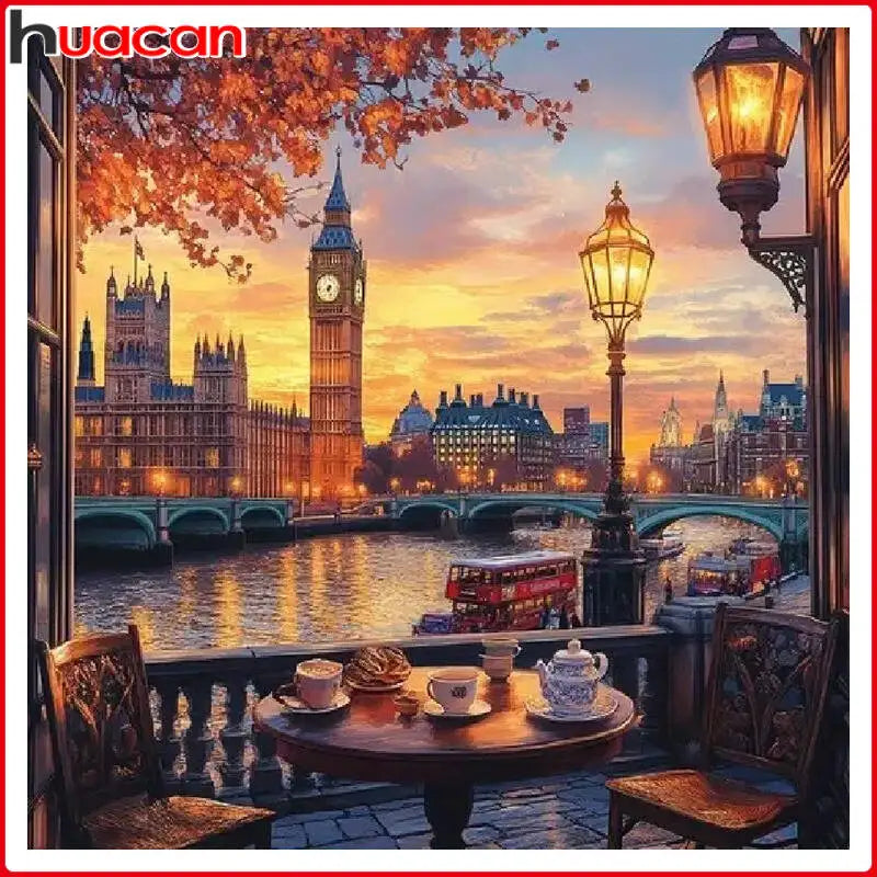 tableau diamant paysage urbain multicolore big ben voitures arbres peinture résine moderne artiste 25x25cm