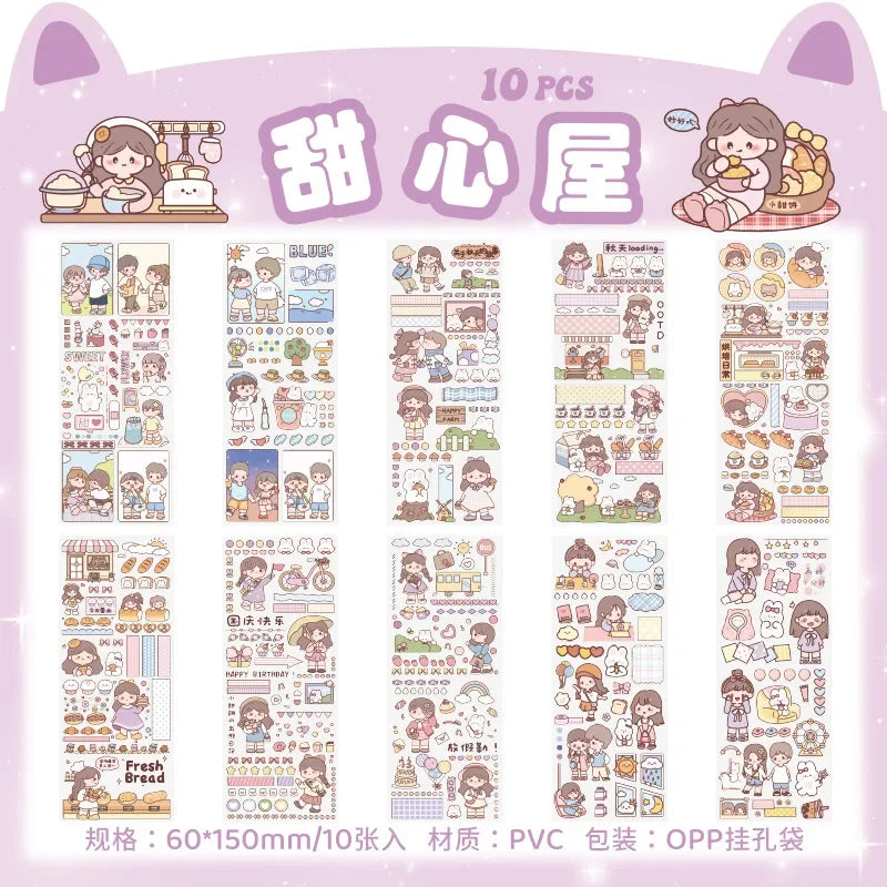 sticker kawaii adhésif dessins animés chats floraux textes scrapbooking transparent rose vert bleu blanc