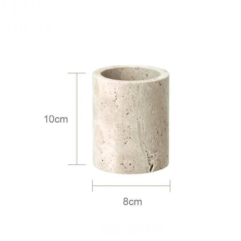 ensemble accessoires salle bain travertin beige distributeur savon plateau pot coton diffuseur moderne