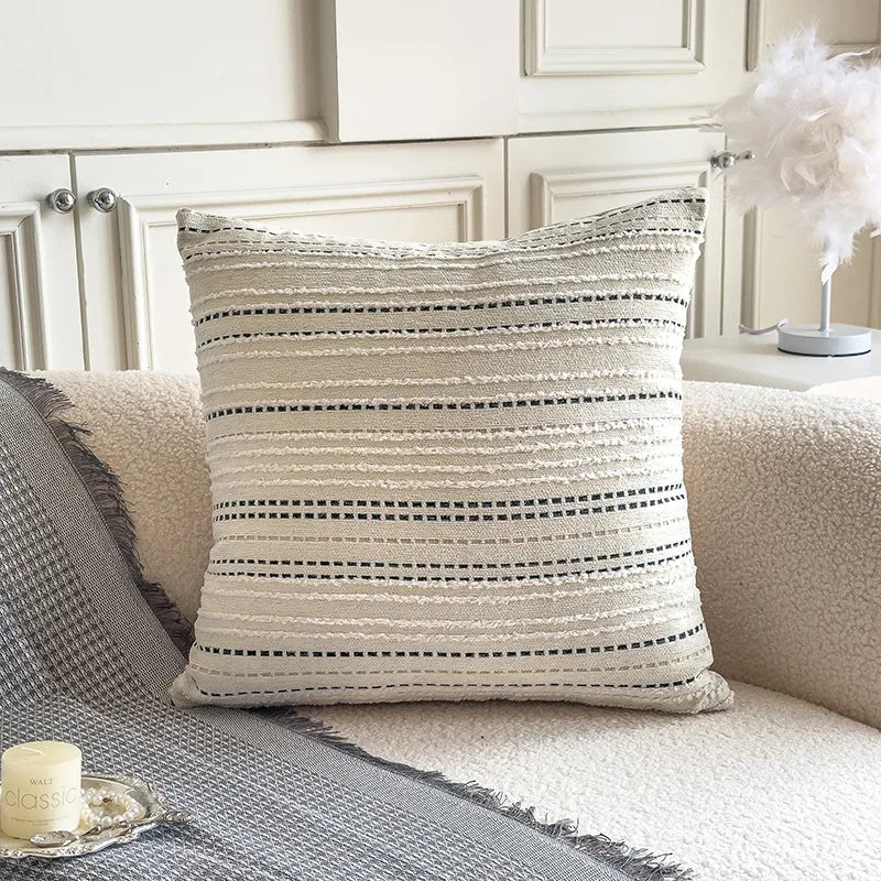 housse coussin rayé polyester 45x45cm moderne blanc beige gris vert chambre