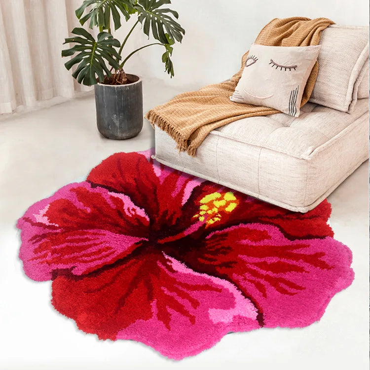 tapis moderne acrylique flocage fleurs hibiscus velours épais rouge salle bain chambre salon