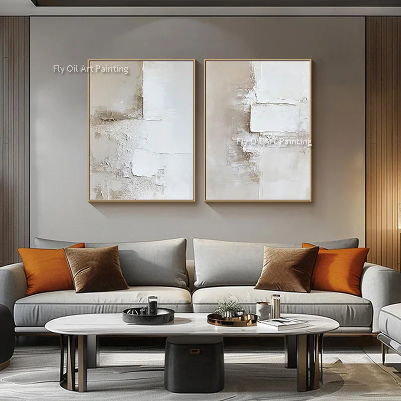 peinture l'huile abstraite contemporaine minimaliste beige blanc gris toile sans cadre