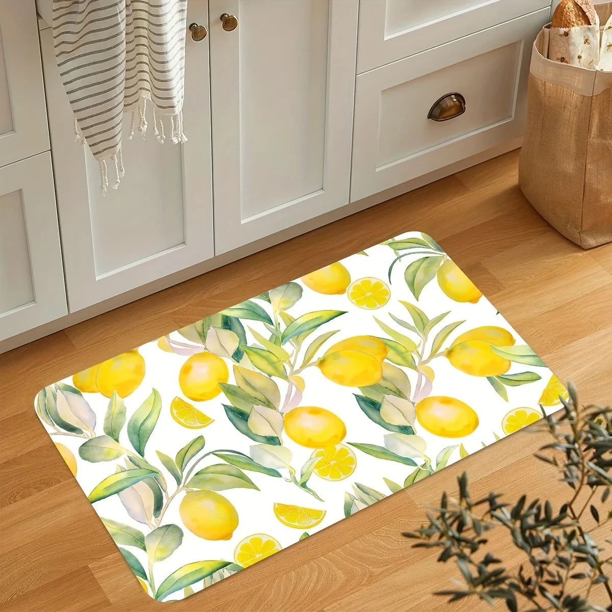tapis moderne citron feuilles vertes fond blanc chambre salle bain extérieur 40x60cm polyester feutre