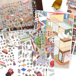 sticker scène urbaine multicolore illustrée cartoon détaillée bâtiments rues magasins voitures