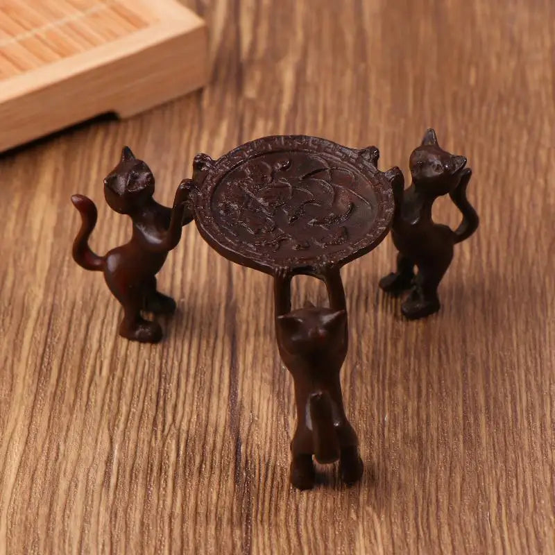 plateau decoratif chats marron table ronde gravure artisanat asiatique decor maison bruleur encens bougie