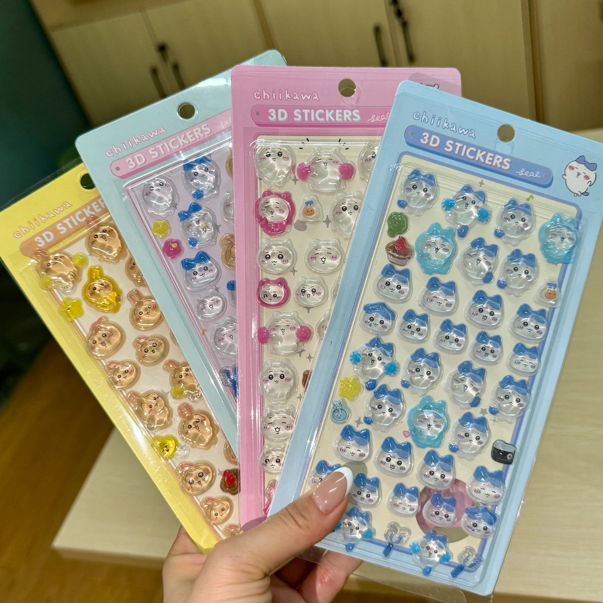 sticker 3d kawaii dessins animés chats lapins adhésif collection bleu rose jaune blanc