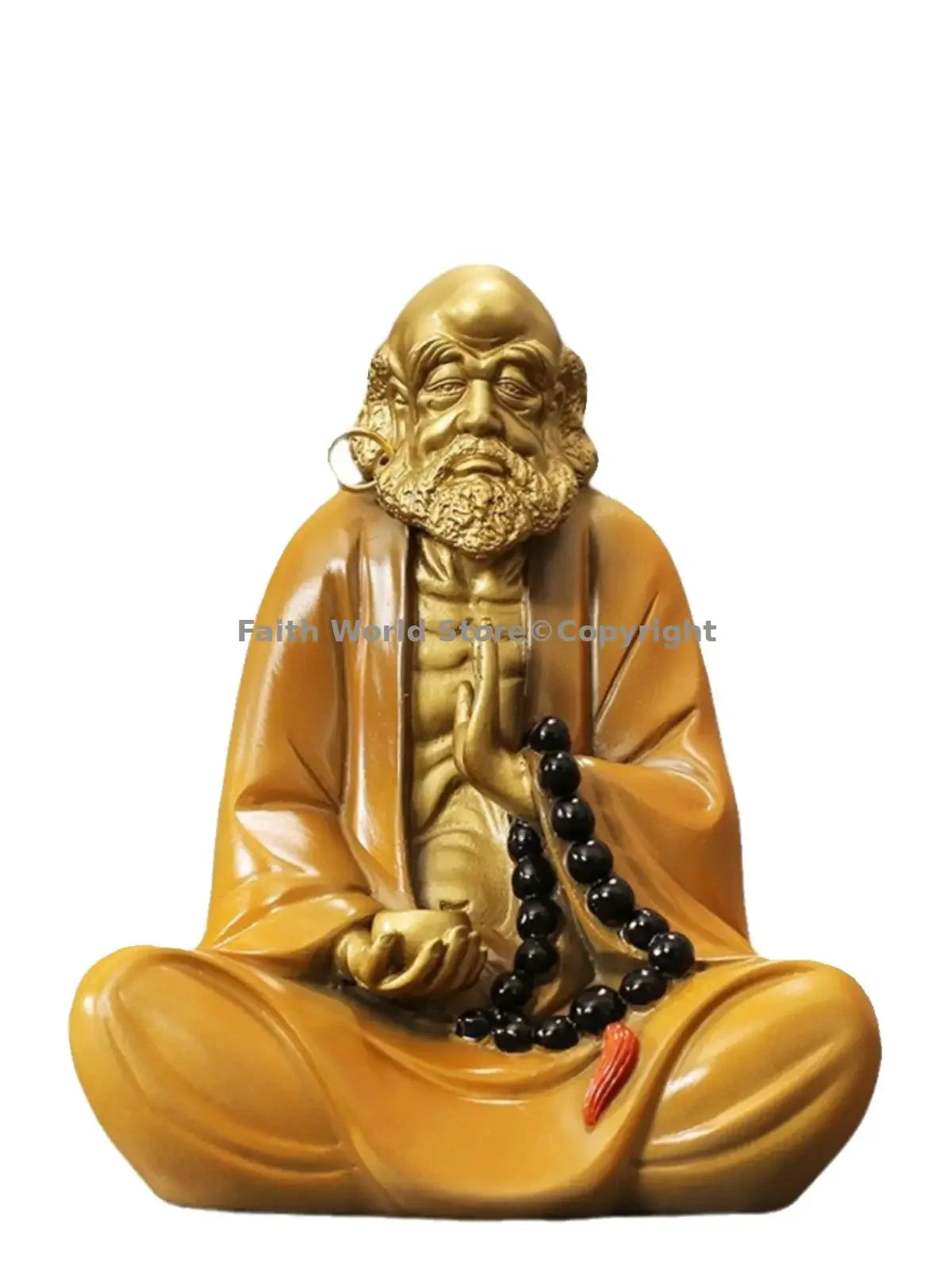 statue homme assis jaune doré rouge art bouddhiste traditionnel noires base bois sombre