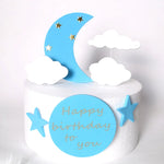 décoration gâteau anniversaire étoiles nuages lune sourire nuit bleu jaune rose