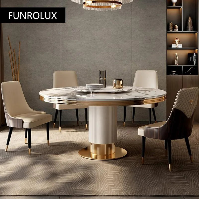 table manger ronde marbre moderne blanc gris noir pied central doré assise chaise minimaliste