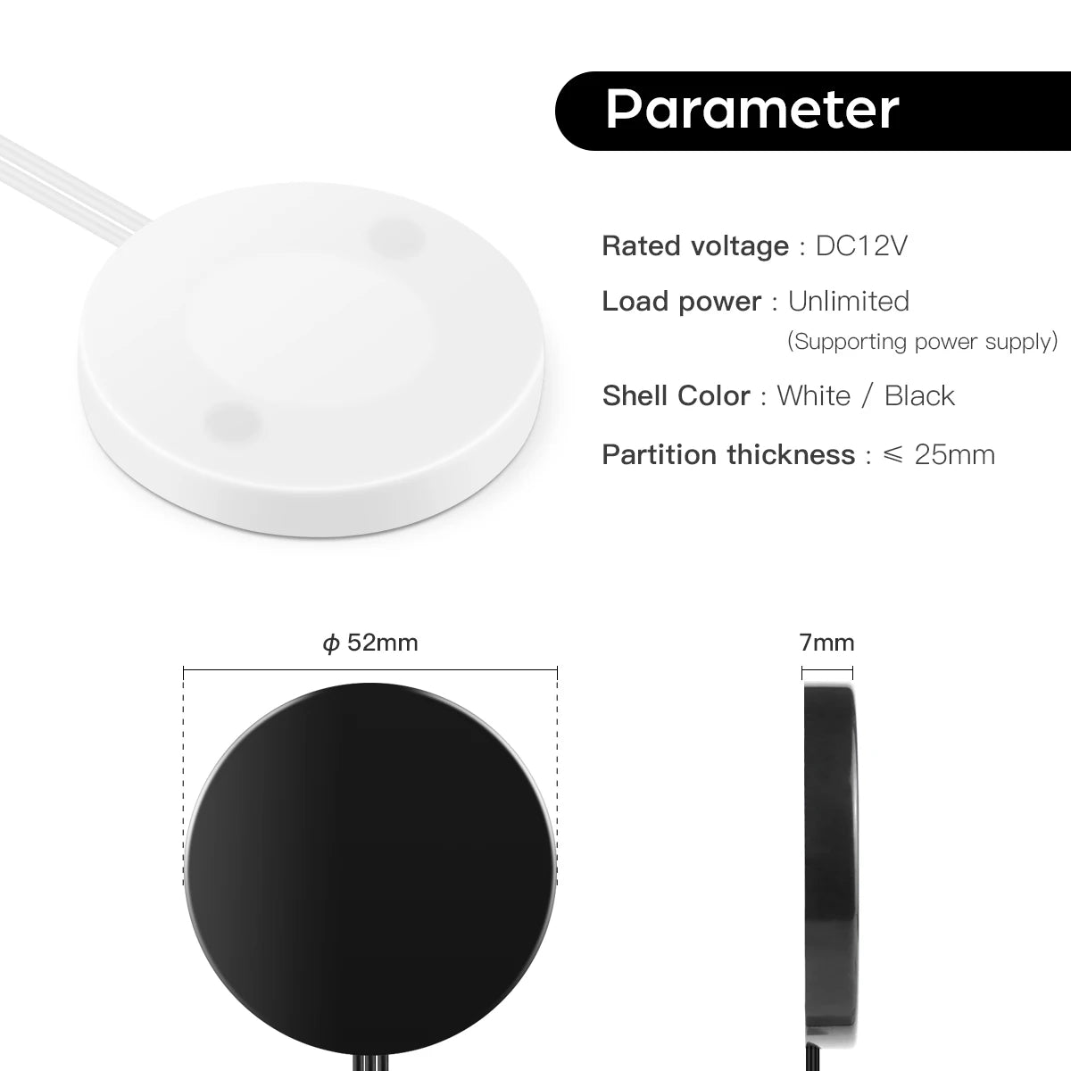 interrupteur tactile blanc noir rond lisse moderne adhésif câble connecteur 52mm 7mm touch dimmable