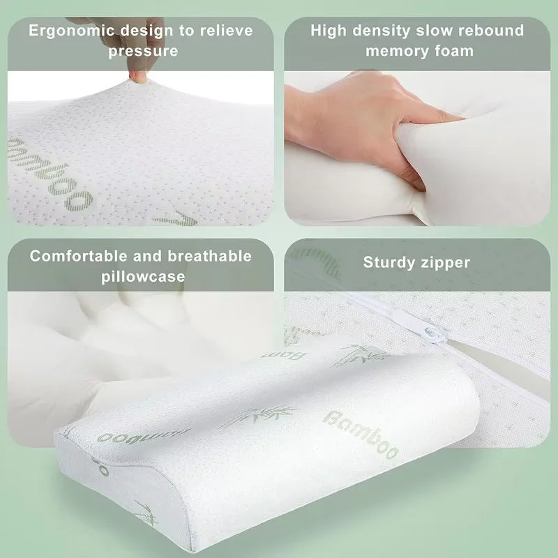 coussin mémoire forme fibre bambou imprimé blanc ergonomique zip taie amovible support cou lit