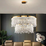 lampe suspendue cristal or moderne élégante chaînes transparentes salon salle manger