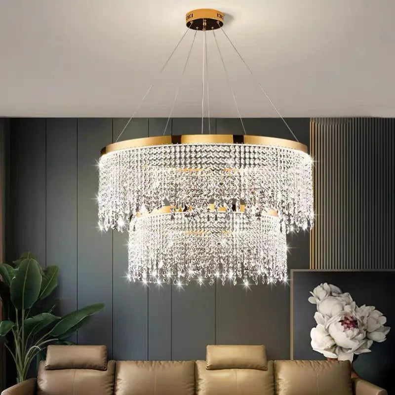 lampe suspendue cristal or moderne élégante chaînes transparentes salon salle manger