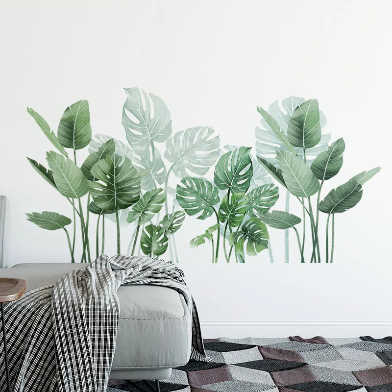 sticker mural moderne feuilles tropicales autocollant adhésif chambre verte blanc