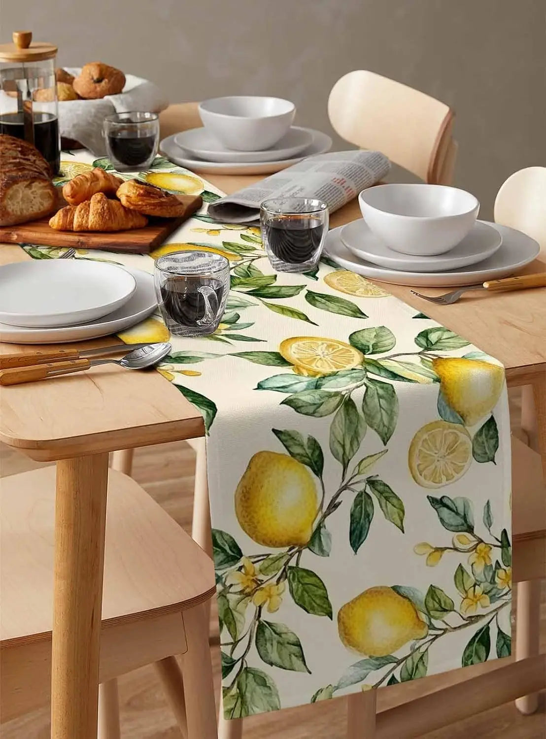 nappe lin jaune feuilles citrons aquarelle rustique champetre mediterraneen table