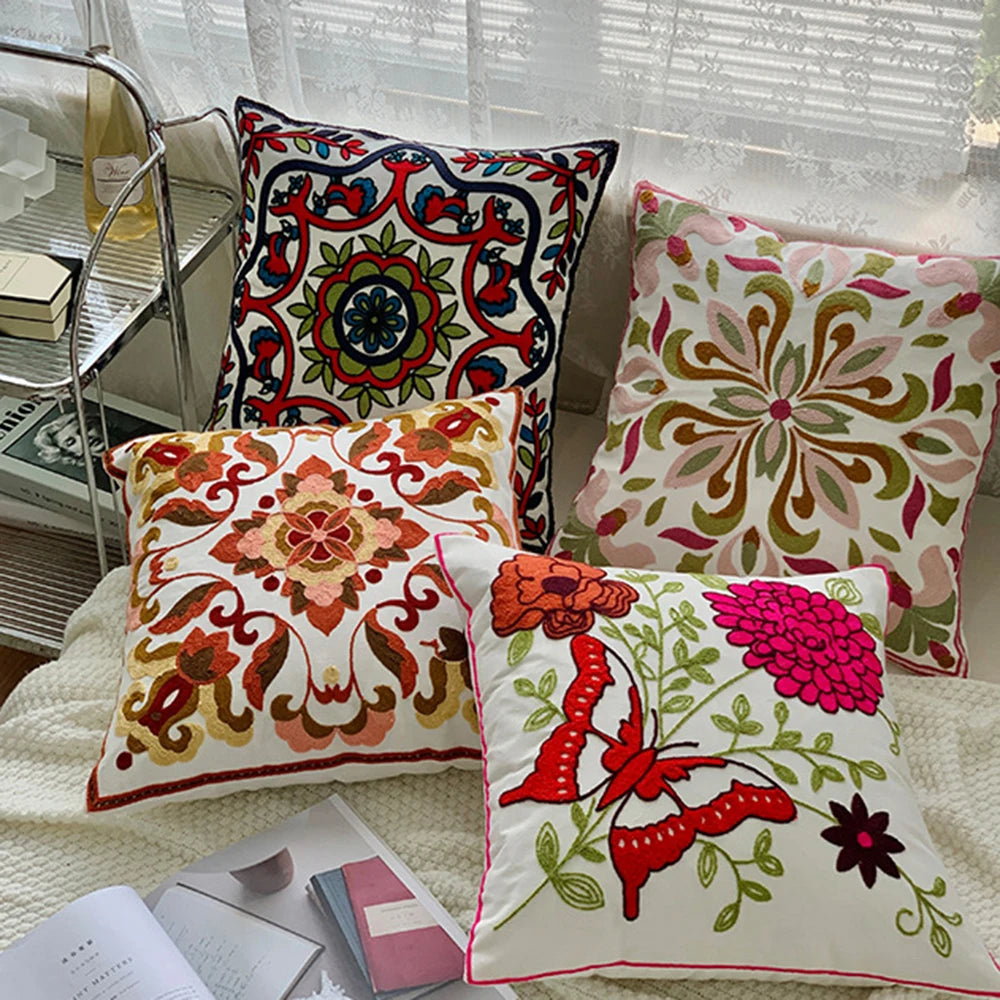 taies d'oreiller coton polyester ethnique floral brodées couleurs vives motifs géométriques coussins deco 45x45cm