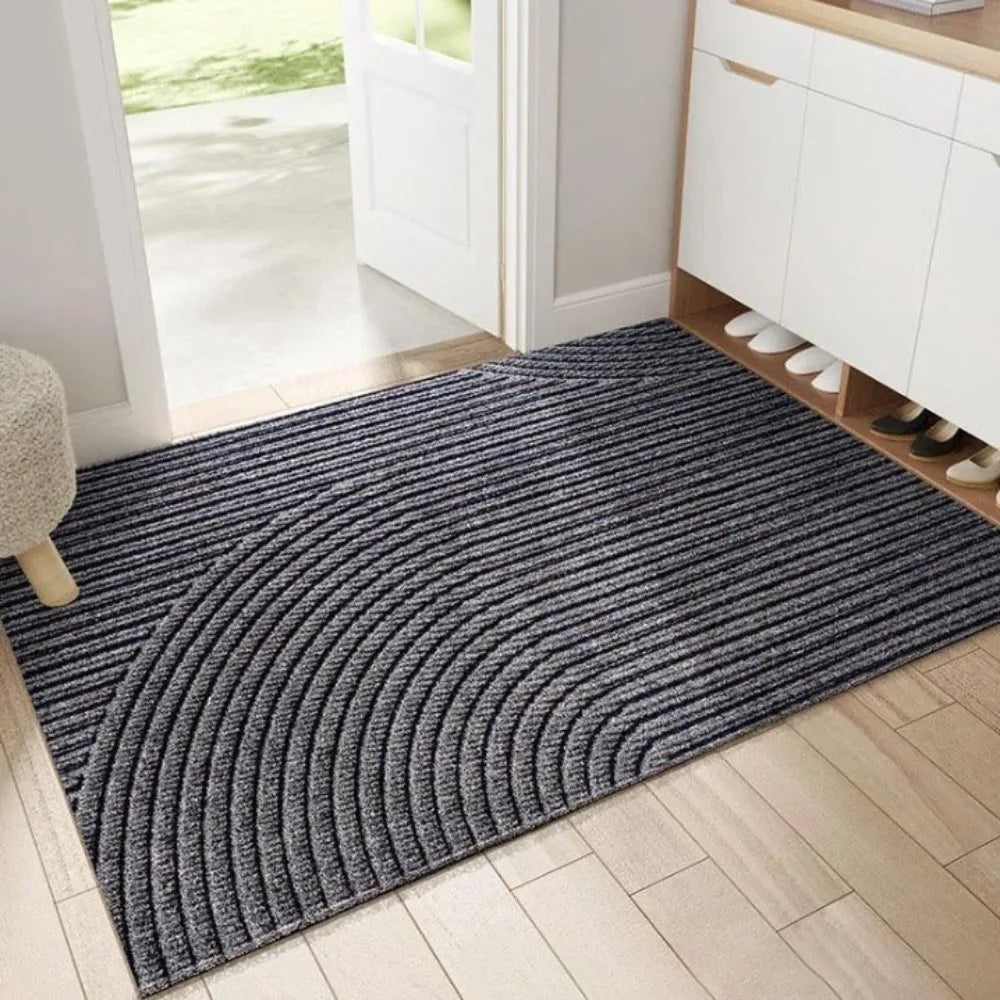 tapis d'entrée moderne rayures vert foncé marron gris antidérapant resistant taches