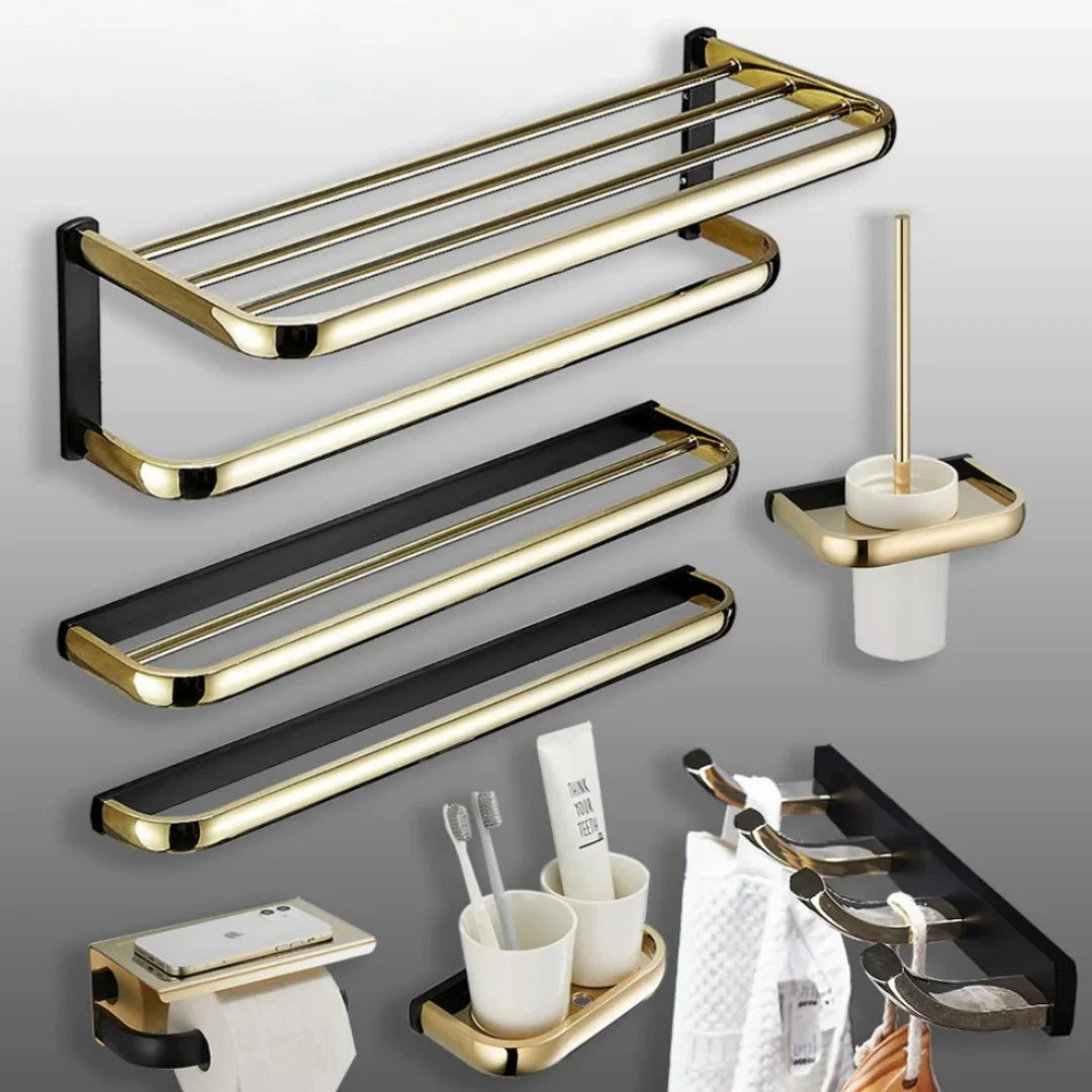 accessoires salle bain or noir moderne porte serviettes savon papier toilette gobelet brosse dents