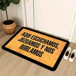 tapis sol antidérapant mousse mémoire forme polyester orange humour texte espagnol bord marron arrondi