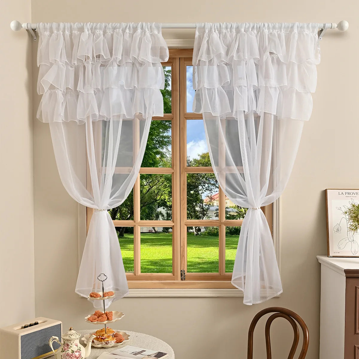 rideau blanc beige rose voile fronces transparent classique romantique deux panneaux anneaux