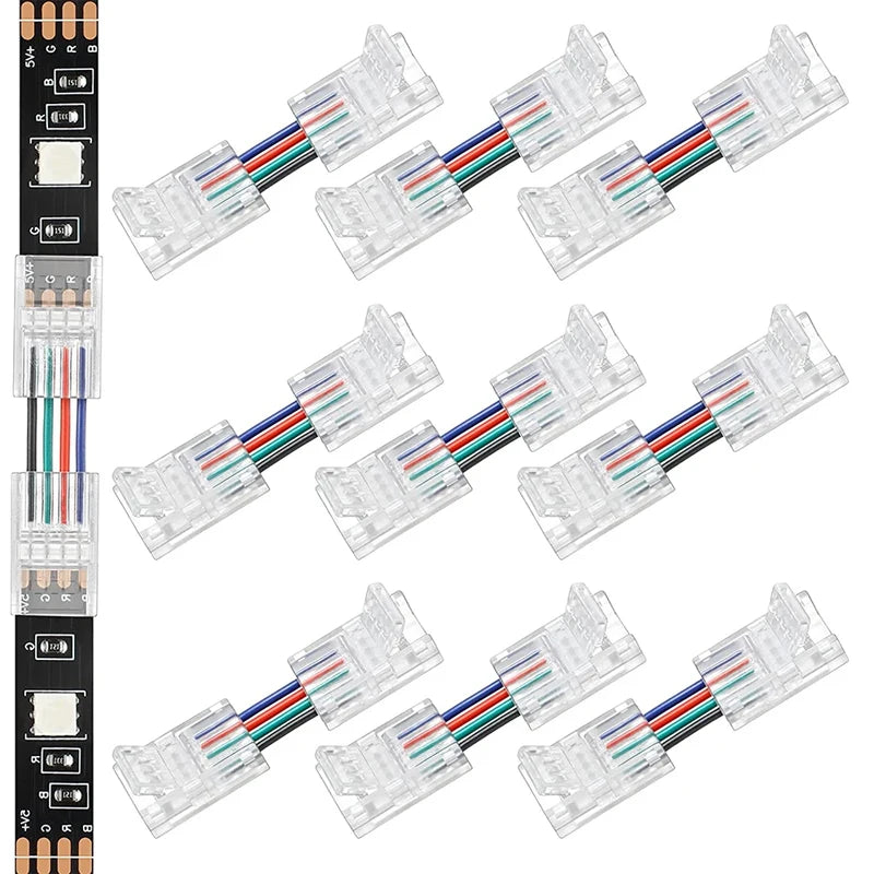 connecteurs led transparents broches dorées clips modernes 24v basse tension câbles colorés rouge vert