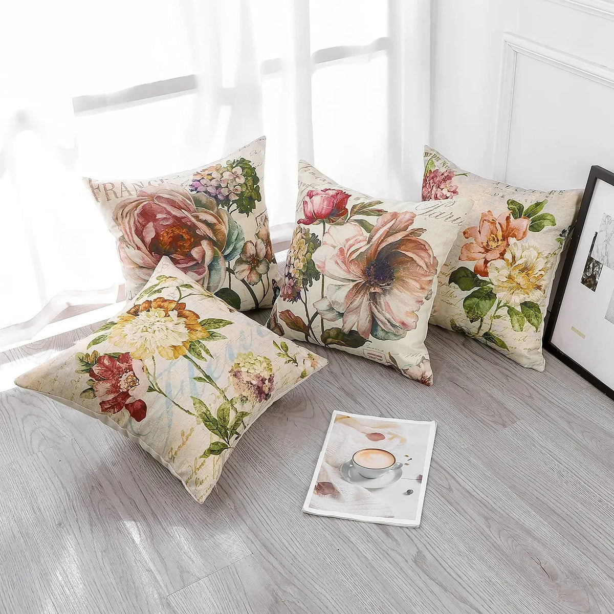 housse coussin lin imprimé fleurs vintage beige rose vert blanc adhésif salon chambre decorative