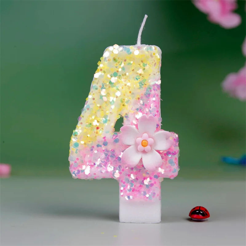 bougies numériques paillettes fleur relief anniversaire enfant décoratives jaune rose blanches