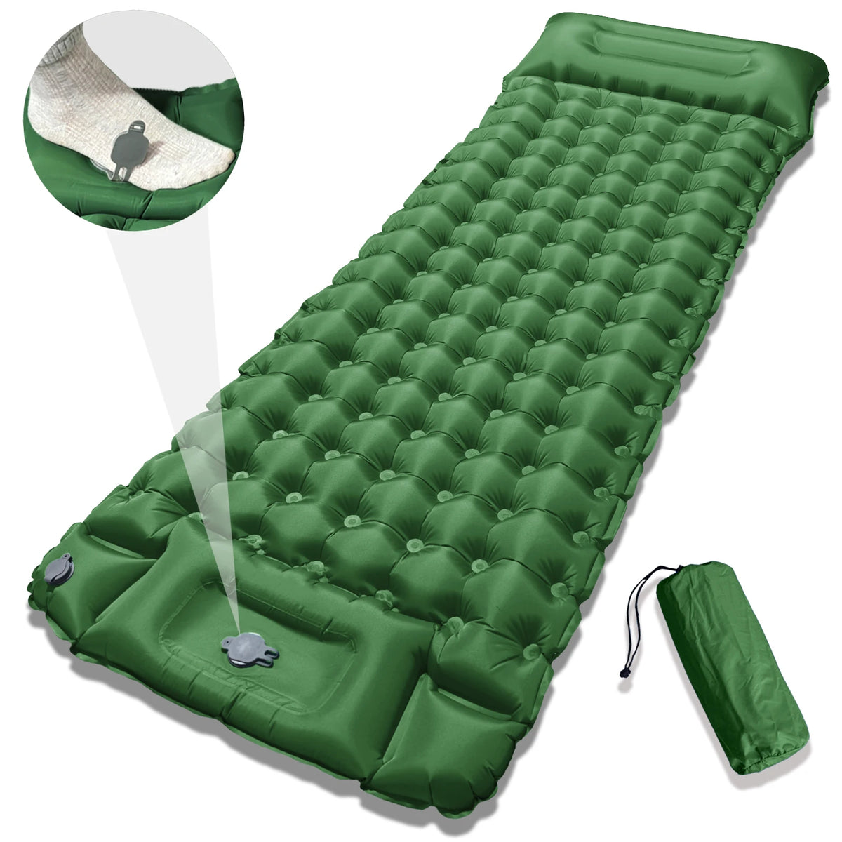 matelas gonflable bleu marine confortable texture boutons sac rangement camping plein air