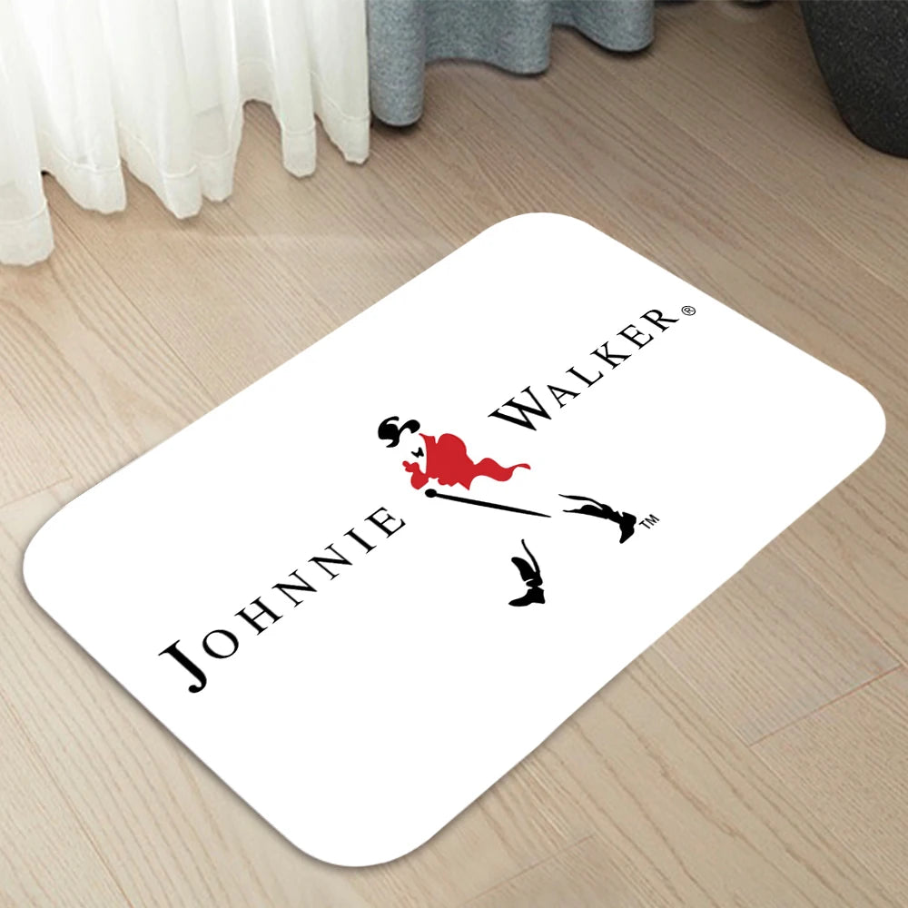 tapis moderne johnnie walker noir jaune blanc rouge logo fleurs silhouette marcheur