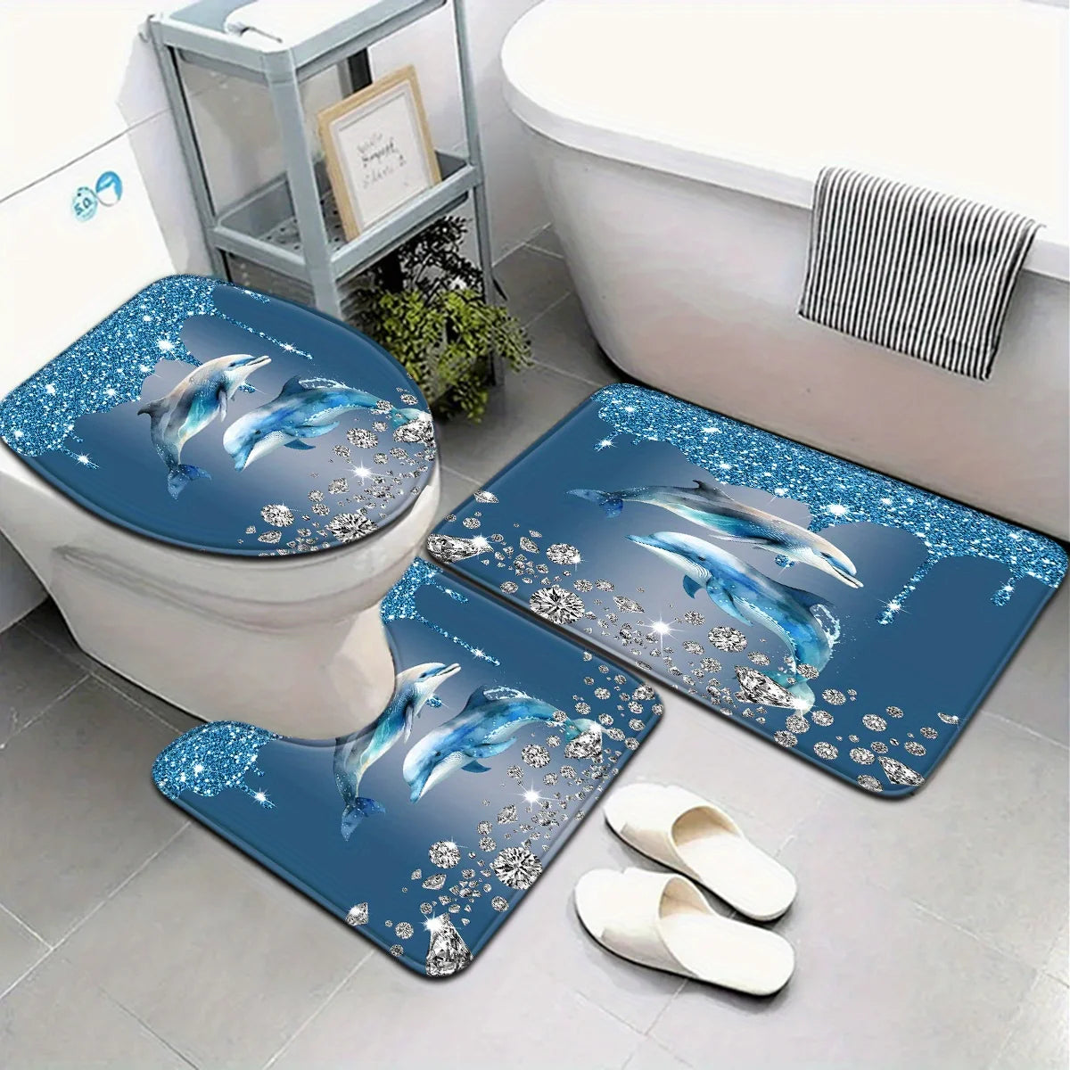 tapis bain ensemble dauphins bleus modernes respectueux environnement tapis sol toilette adhésifs decoration salle
