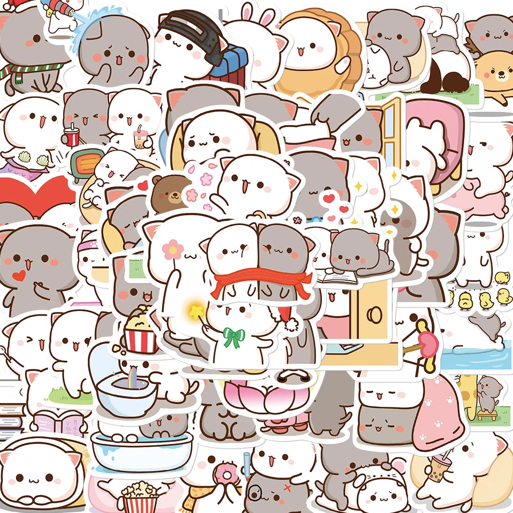 sticker autocollant chat mignon dessin animé blanc rose bleu 60 pièces