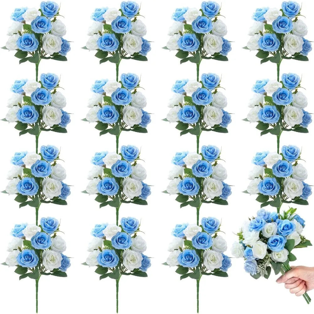 Bouquet artificiel roses bleu clair blanc décoration mariage anniversaire intérieur vintage élégant