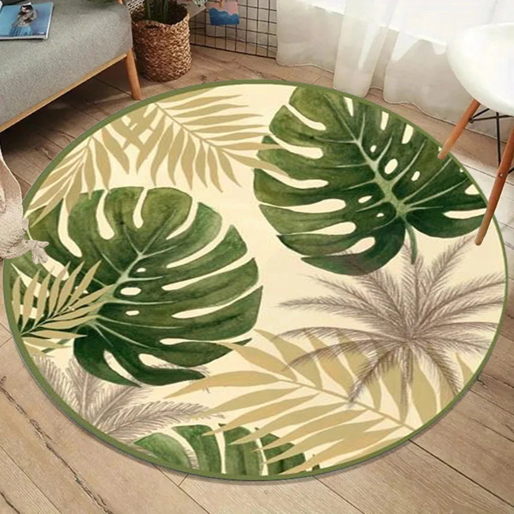 tapis rond moderne vert beige gris motifs feuilles tropicales geometriques salon chambreextérieur sdb 80x80cm