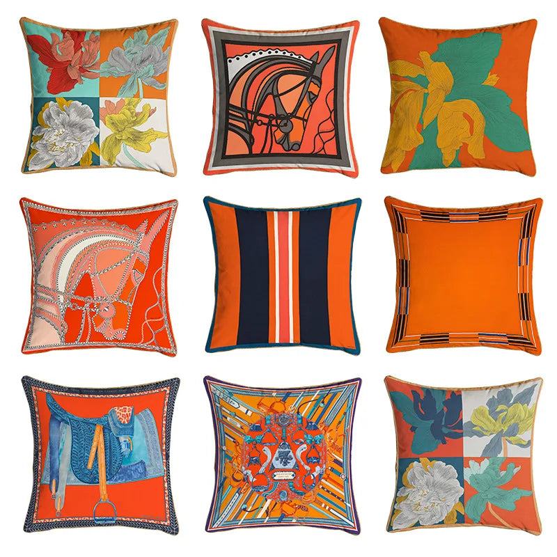 coussin decoratif velours orange motif cheval moderne bord doré 45x45cm sofa decoration