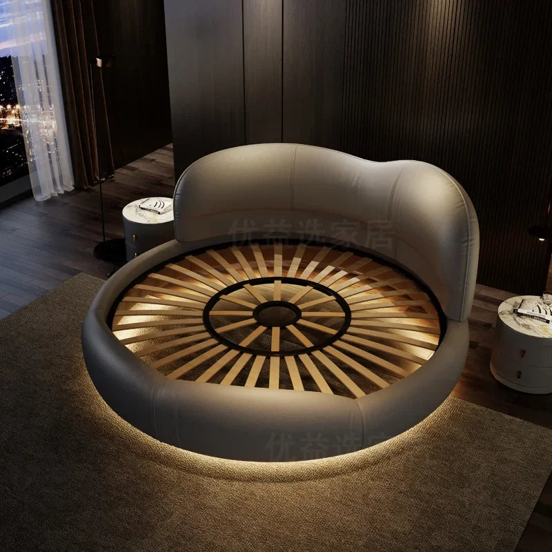 lit rond moderne tête rembourrée éclairage led tables chevet gris clair taupe