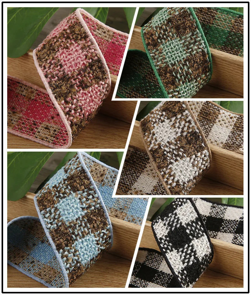 ruban carreaux polyestère noir blanc marron vert rose bleu clair tissé rustique double face