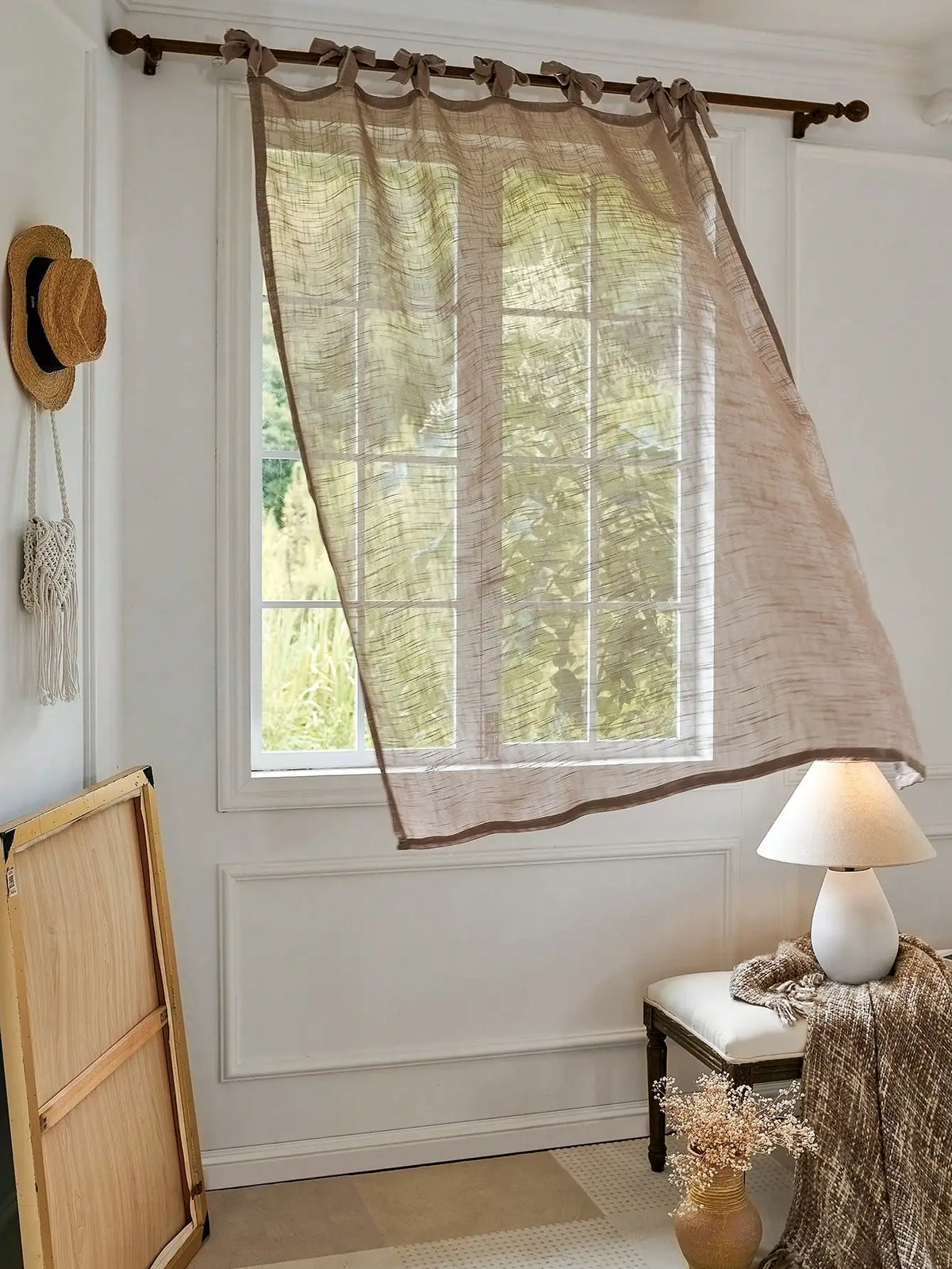 rideau polyester semi transparent classique beige clair finement tissé 100x200 cm