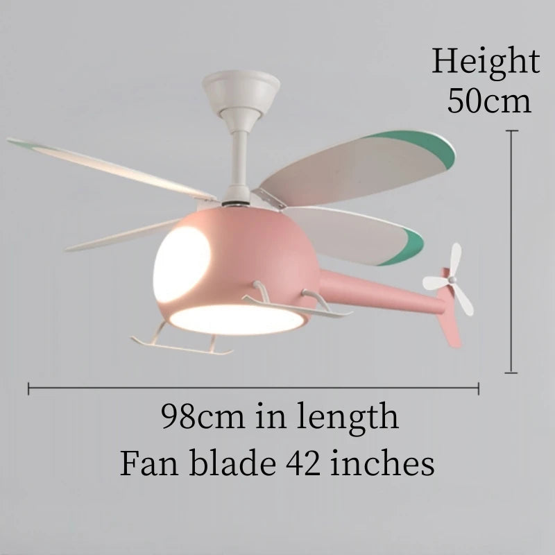 ventilateur lampe intégrée hélicoptère bleu blanc jaune moderne télécommande led enfants chambre salon