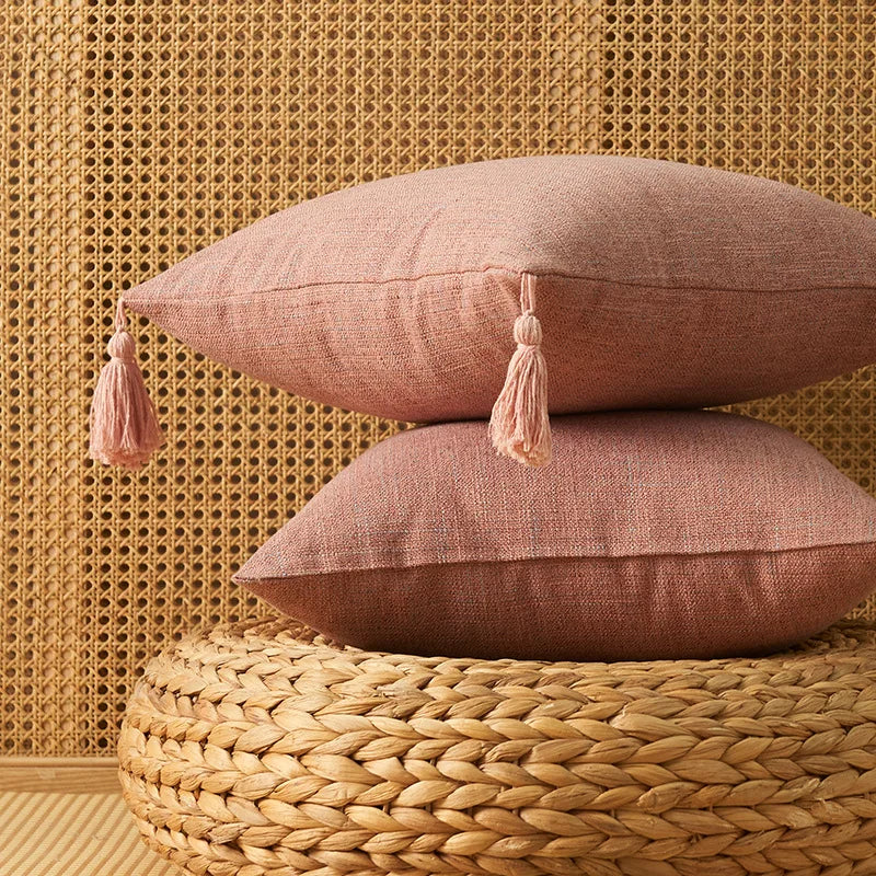 coussin carré rustique polyester brodé lin beige clair lavable amovible 45x45cm glands