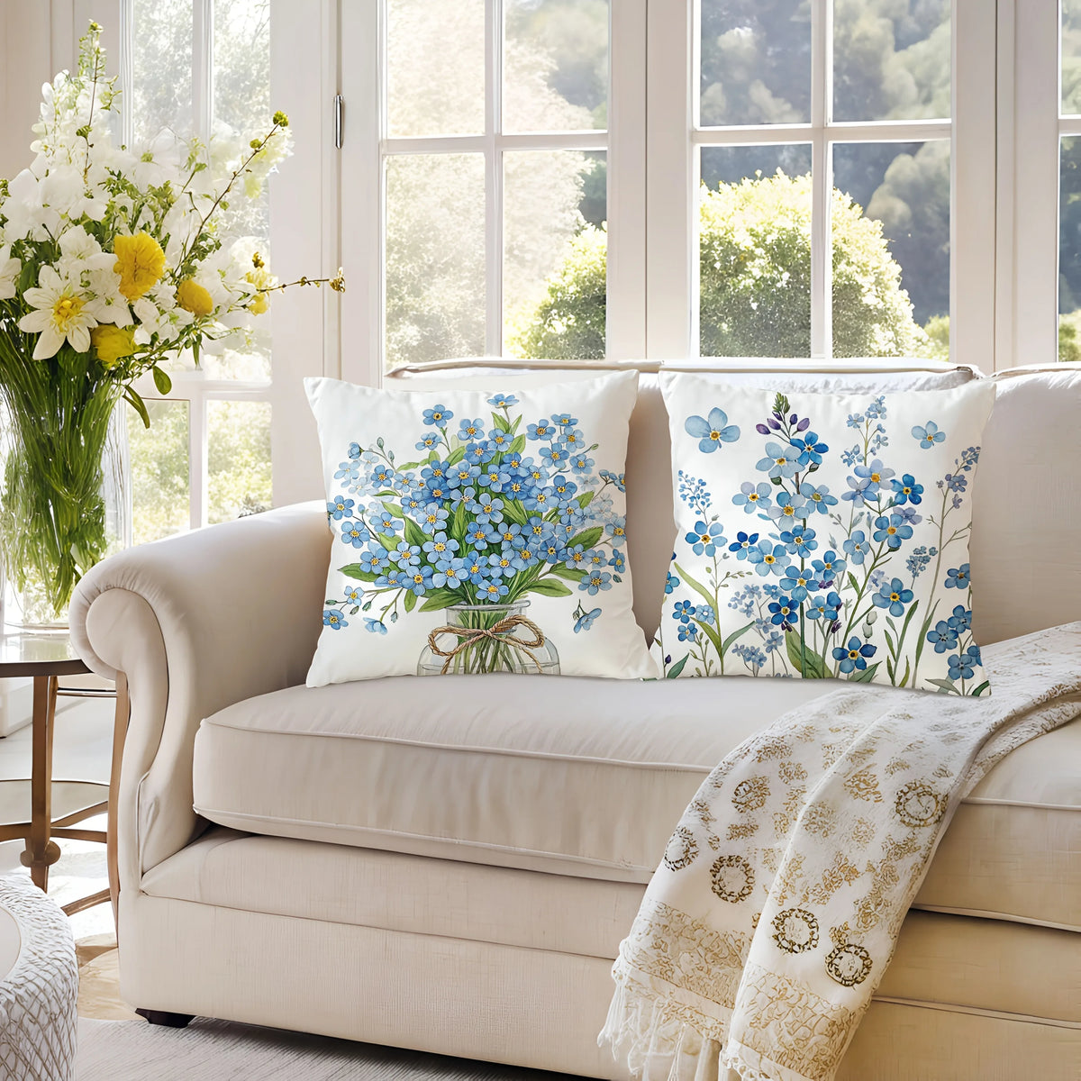 housse coussin polyester motif floral aquarelle blanc bleu lit salon voiture deux coussins différents