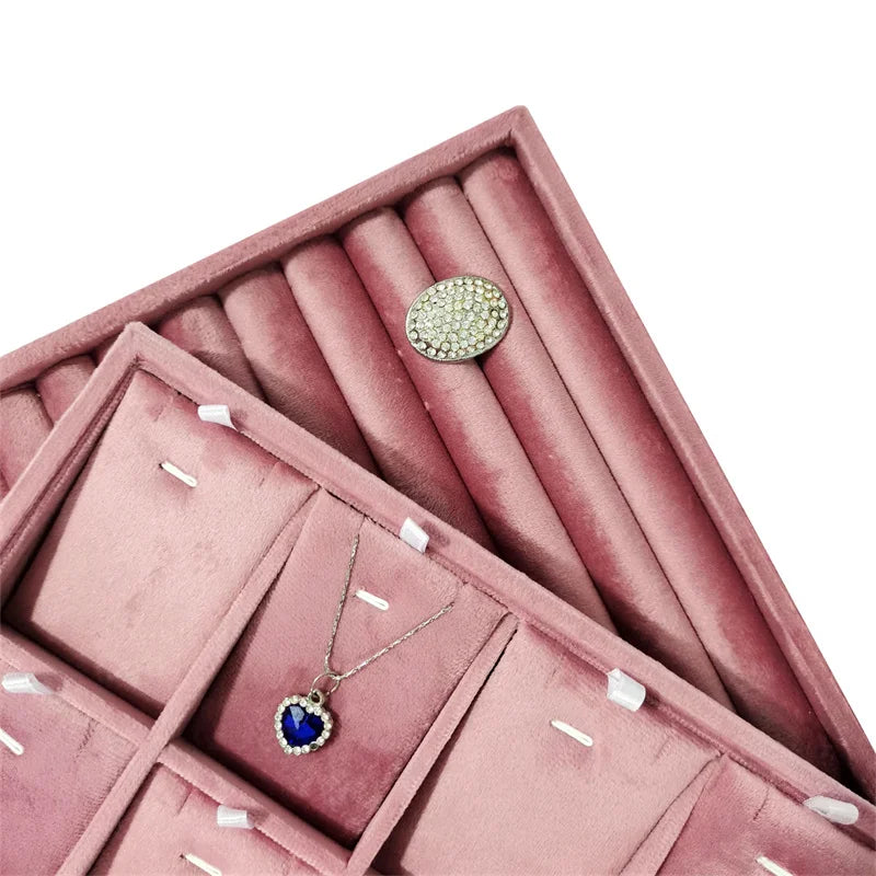 boîte bijoux velours rose moderne colliers boucles d'oreilles bracelets bagues clips exposant assiette trousseau