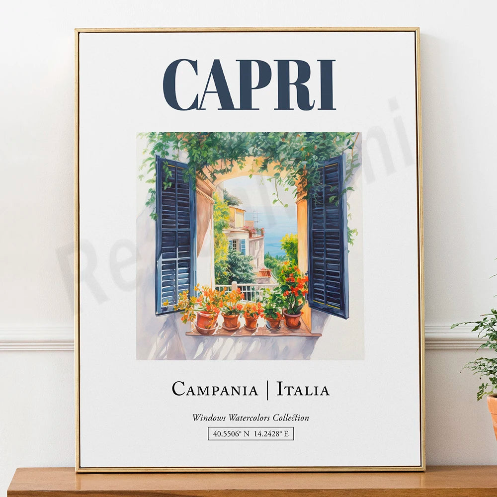 Une fenêtre ouverte sur un paysage enchanteur de Campanie, en Italie, avec des fleurs colorées et des volets bleus qui encadrent la scène.