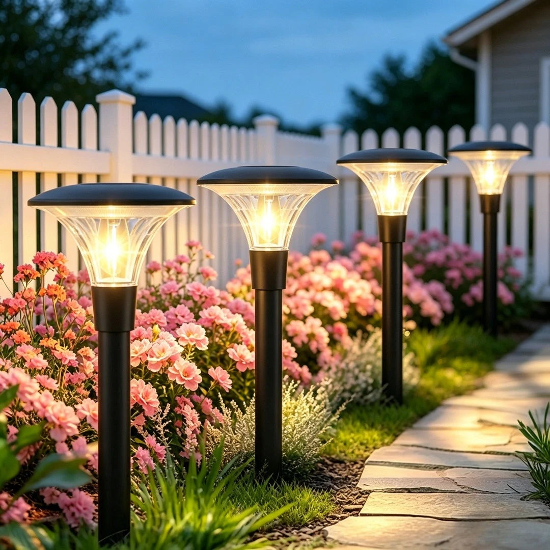 lampes solaires led modernes noires jardin extérieur bouton poussoir motifs rayonnants transparents