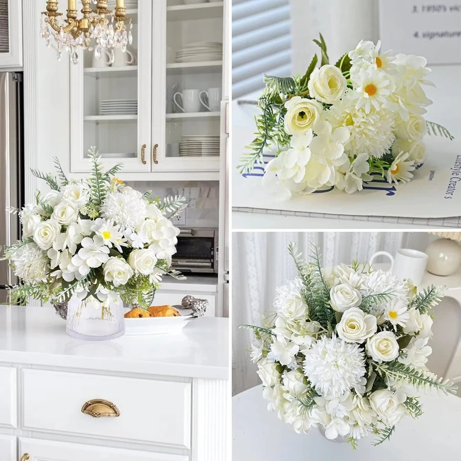 bouquets fleurs artificielles rose blanche bleue intérieur décoration maison panier tressé vases transparents