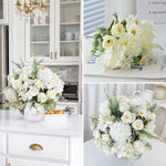 bouquets fleurs artificielles rose blanche bleue intérieur décoration maison panier tressé vases transparents