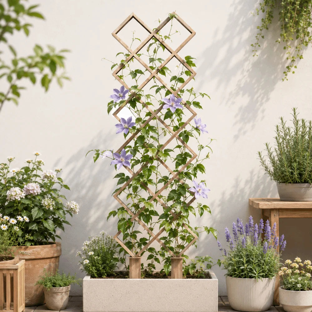 treillis bois moderne géométrique carrés imbriqués opaque beige clair pot fleurs jardin fixe