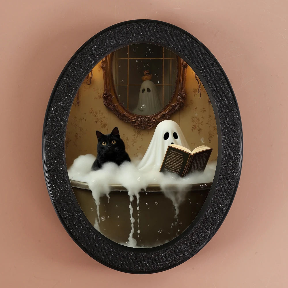 miroir ovale noir chat fantôme lecture flocons halloween artistique adhésifintérieur 10.6cmextérieur 13.4cmépaisseur 1.6cm