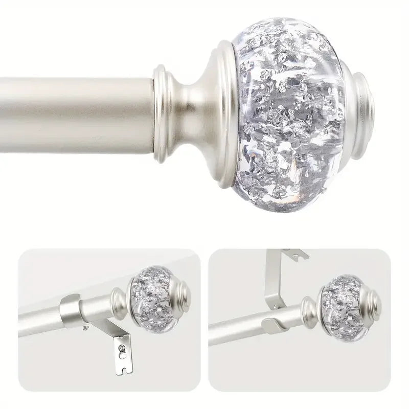 rideaux argentés finials cristallisés tringle brillante plis décoratifs classiques supports muraux