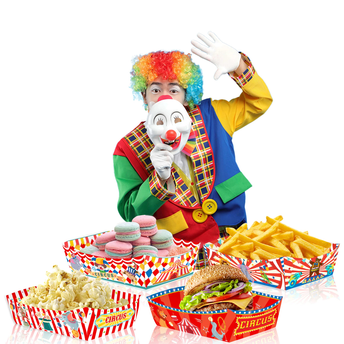 plateaux repas fête anniversaire enfants boîtes papier rouge blanc bleu vert jaune motifs cirque