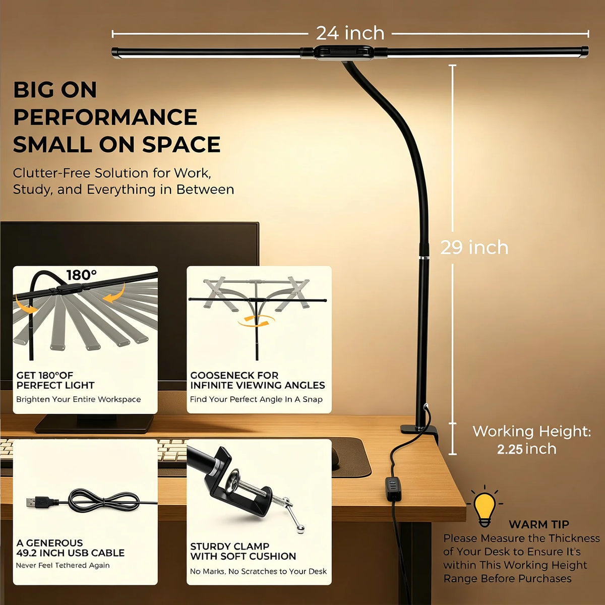 lampe led noir blanc contemporaine clip fixe modes luminosité étude lecture
